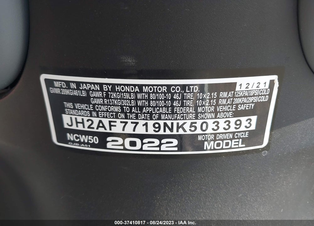 2022 HONDA NCW50 VIN: JH2AF7719NK503393