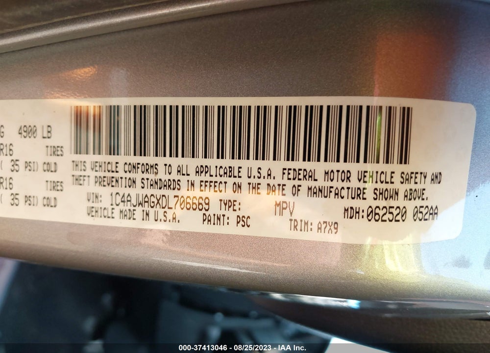 2013 JEEP WRANGLER SPORT VIN: 1C4AJWAGXDL706669