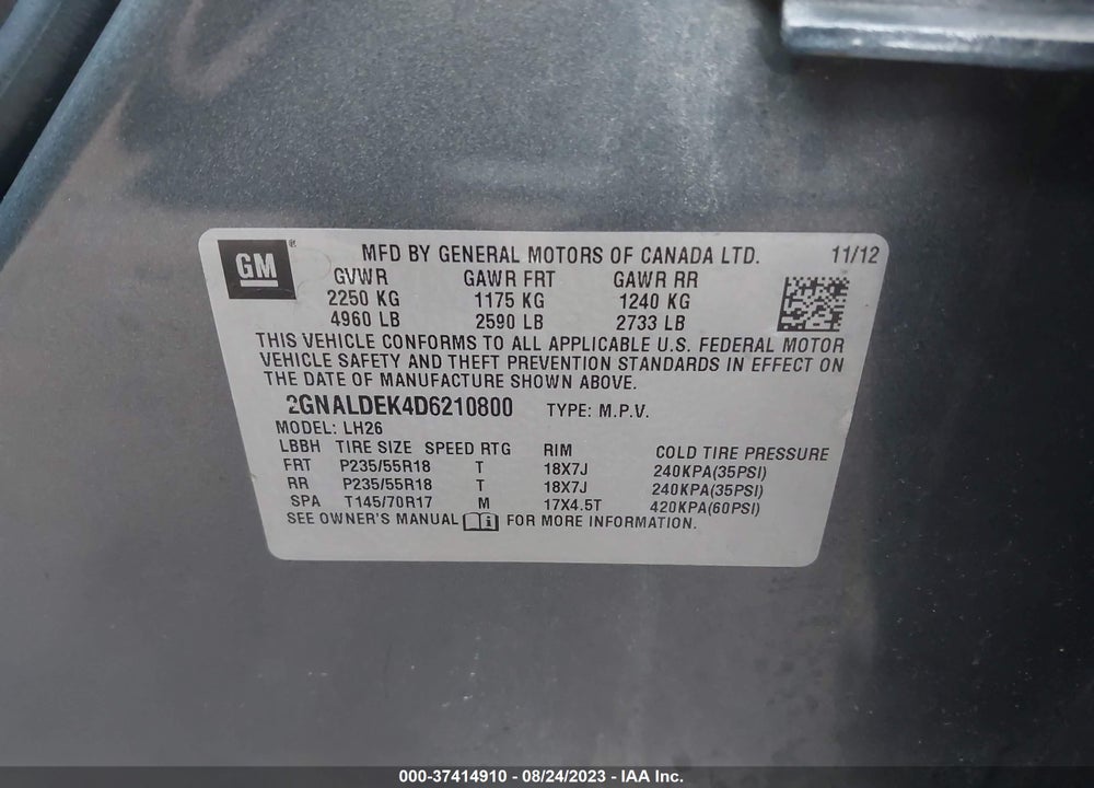 2013 CHEVROLET EQUINOX 1LT VIN: 2GNALDEK4D6210800