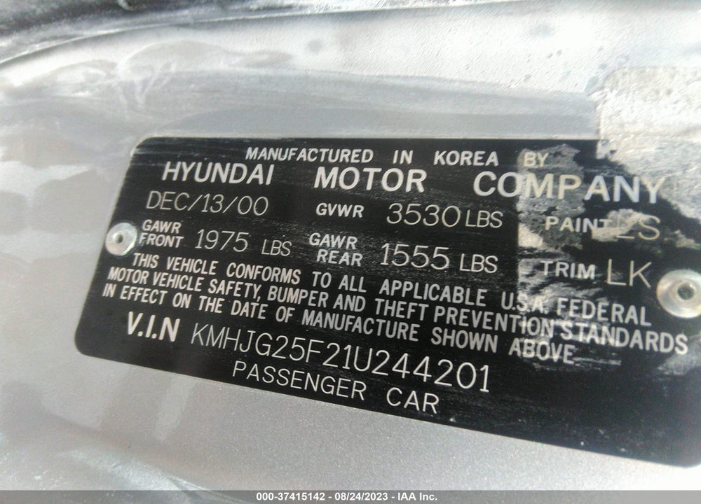 2001 HYUNDAI TIBURON VIN: KMHJG25F21U244201