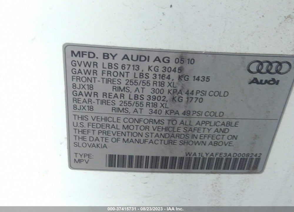 2010 AUDI Q7 3.6 PREMIUM VIN: WA1LYAFE3AD008242