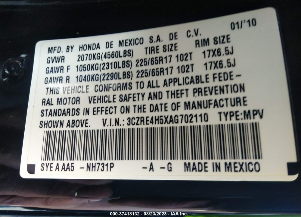 2010 HONDA CR-V EX VIN: 3CZRE4H5XAG702110