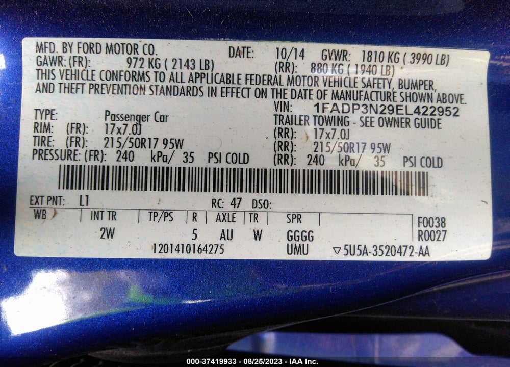 2014 FORD FOCUS TITANIUM VIN: 1FADP3N29EL422952