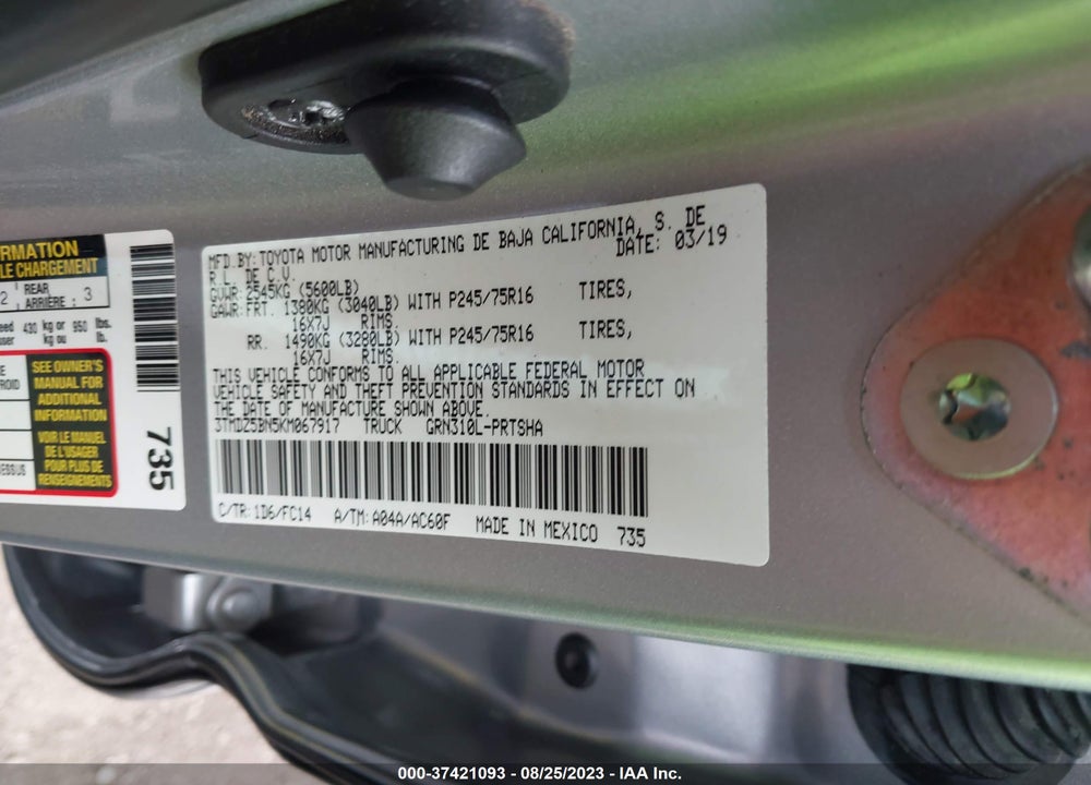2019 TOYOTA TACOMA VIN: 3TMDZ5BN5KM067917