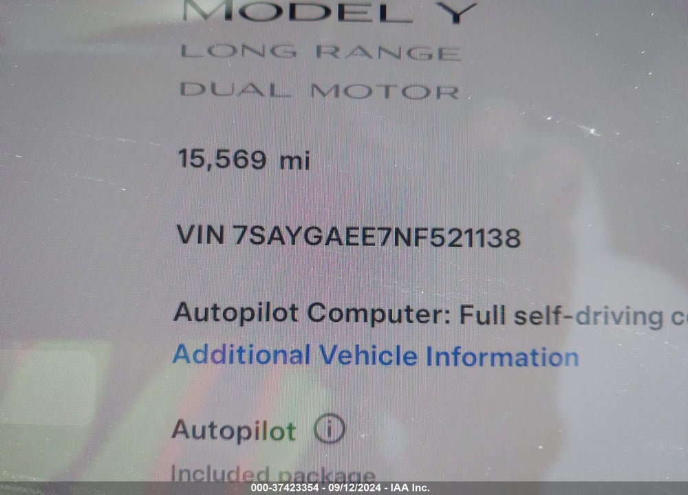 2022 TESLA MODEL Y LONG RANGE DUAL MOTOR ALL-WHEEL DRIVE VIN: 7SAYGAEE7NF521138