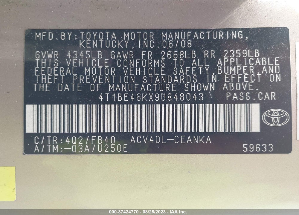 2009 TOYOTA CAMRY LE VIN: 4T1BE46KX9U848043