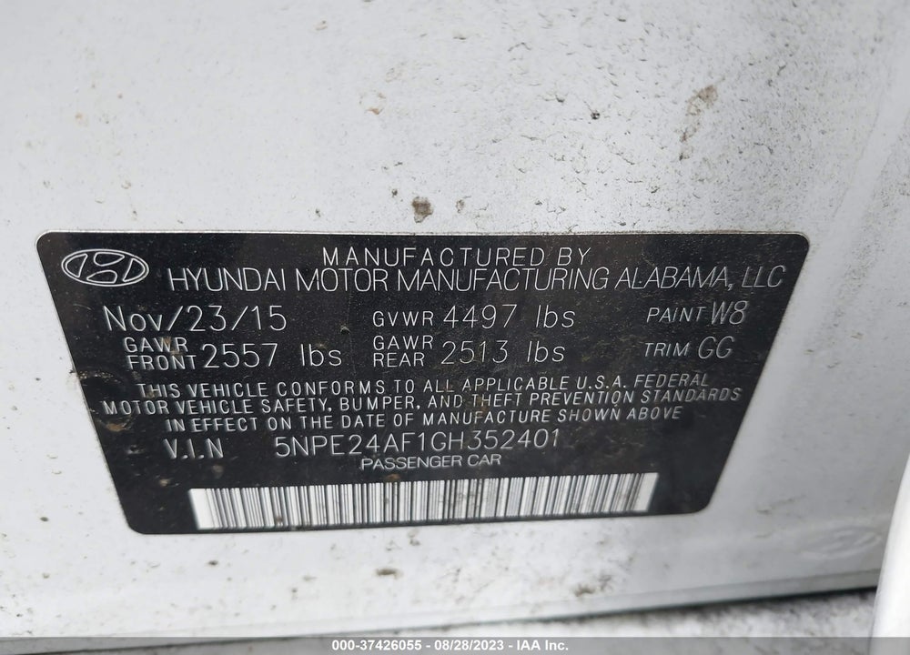 2016 HYUNDAI SONATA SE VIN: 5NPE24AF1GH352401