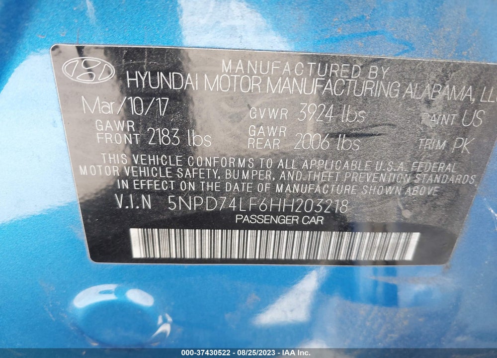 2017 HYUNDAI ELANTRA SE VIN: 5NPD74LF6HH203218