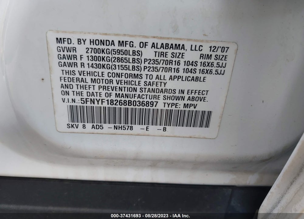 2008 HONDA PILOT VP VIN: 5FNYF18268B036897