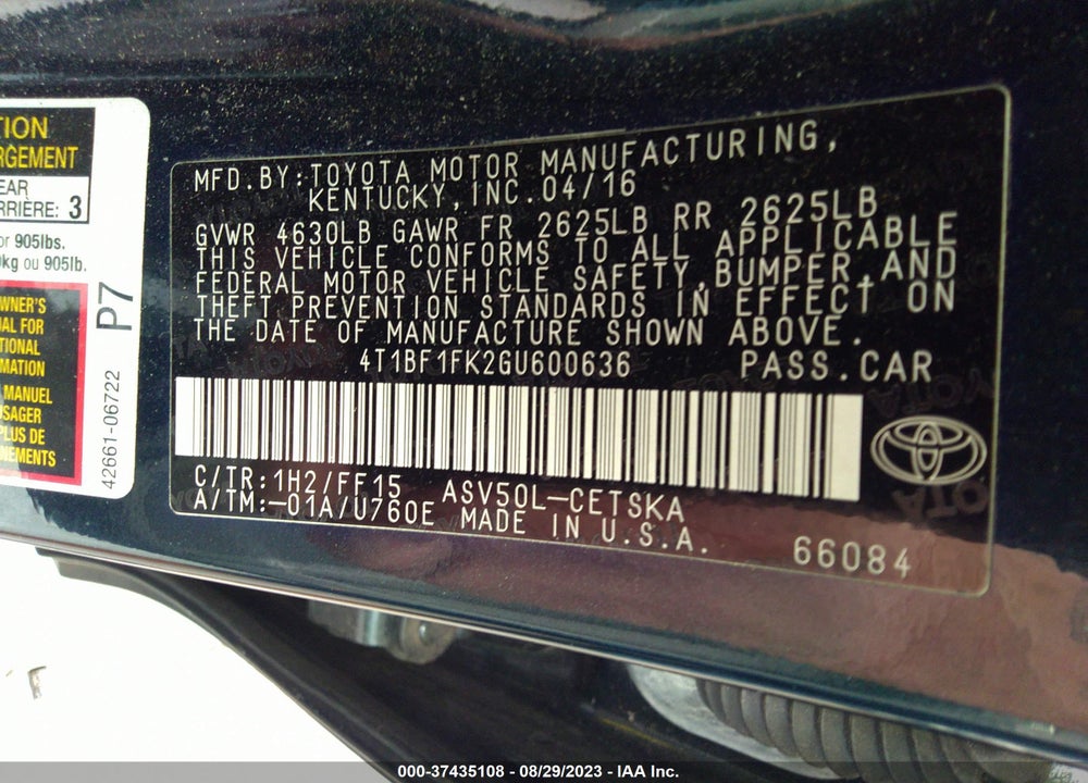 2016 TOYOTA CAMRY SE VIN: 4T1BF1FK2GU600636