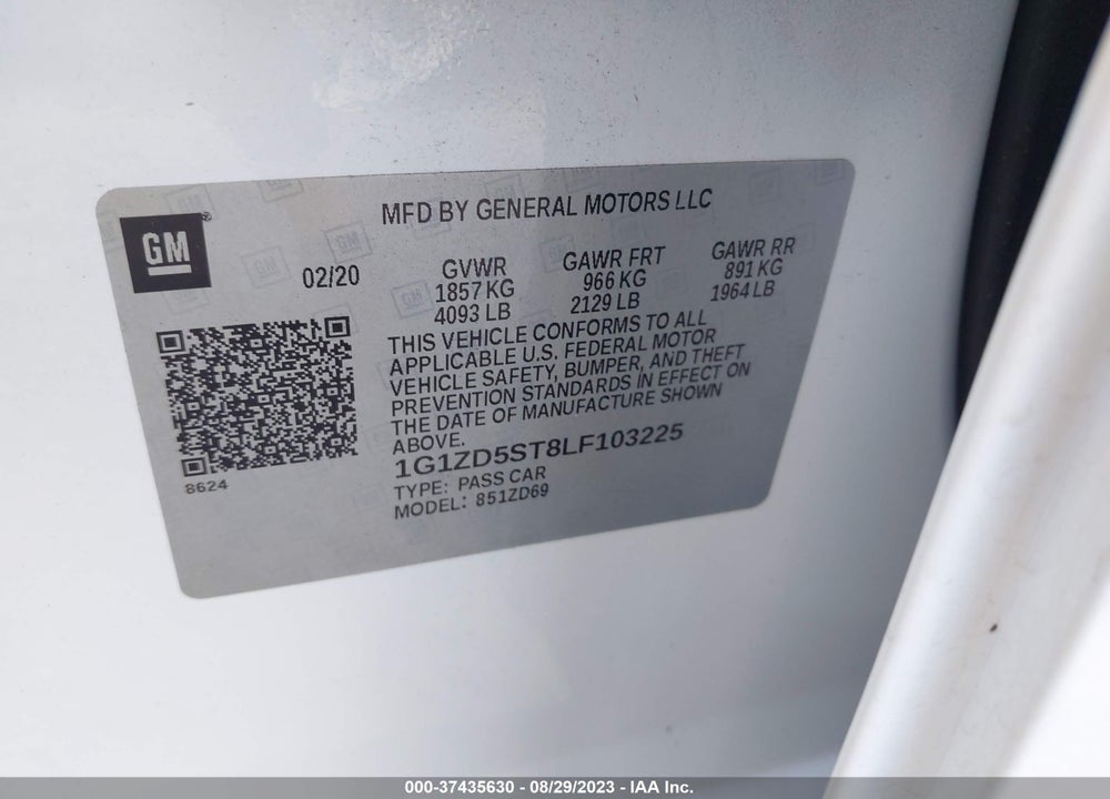 2020 CHEVROLET MALIBU FWD LT VIN: 1G1ZD5ST8LF103225