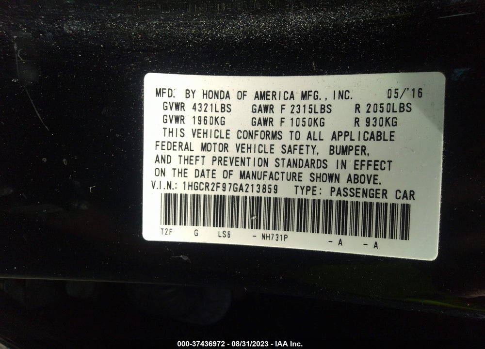 2016 HONDA ACCORD EX-L VIN: 1HGCR2F97GA213859
