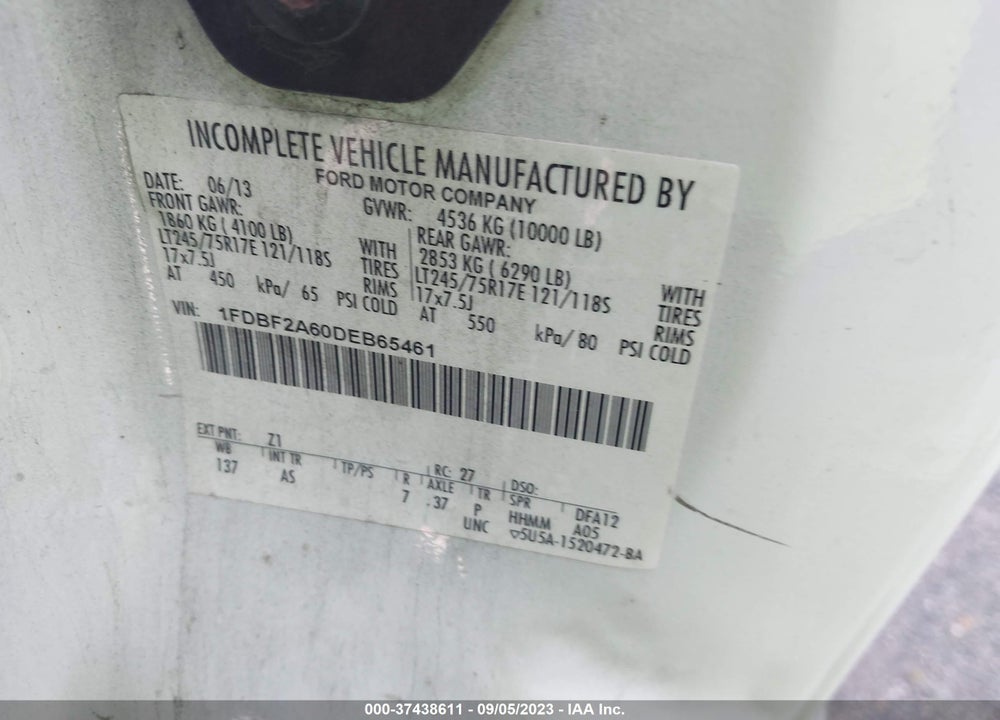 2013 FORD SUPER DUTY F-250 SRW VIN: 1FDBF2A60DEB65461