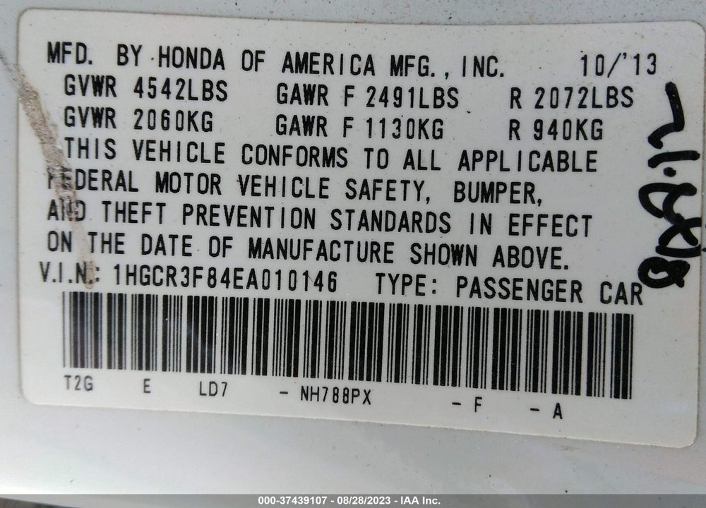 2014 HONDA ACCORD SEDAN VIN: 1HGCR3F84EA010146