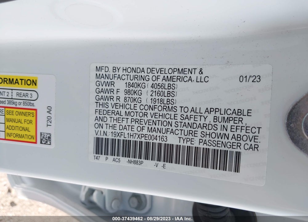 2023 HONDA CIVIC EX-L /EX-L W/O BSI VIN: 19XFL1H7XPE004163