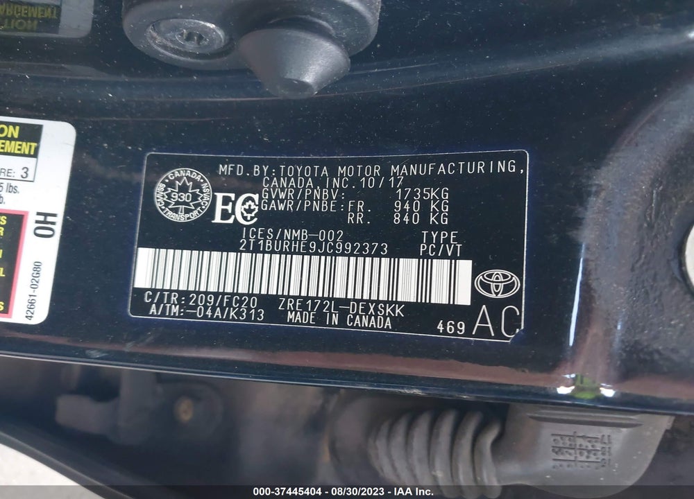 2018 TOYOTA COROLLA SE VIN: 2T1BURHE9JC992373