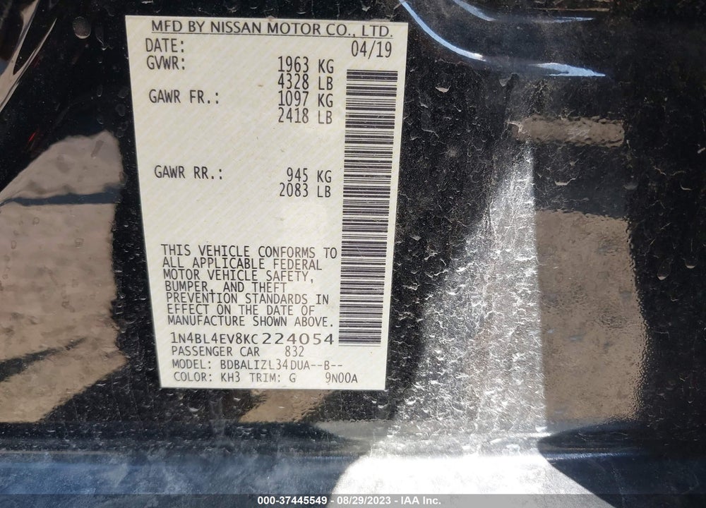 2019 NISSAN ALTIMA 2.5 SL VIN: 1N4BL4EV8KC224054
