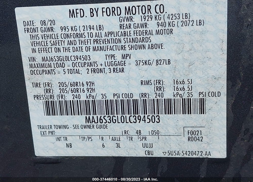 2020 FORD ECOSPORT SE VIN: MAJ6S3GL0LC394503