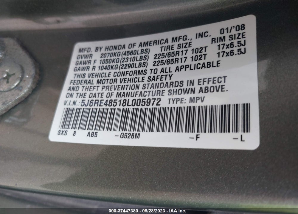2008 HONDA CR-V EX VIN: 5J6RE48518L005972