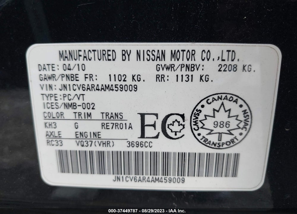 2010 INFINITI G37X VIN: JN1CV6AR4AM459009
