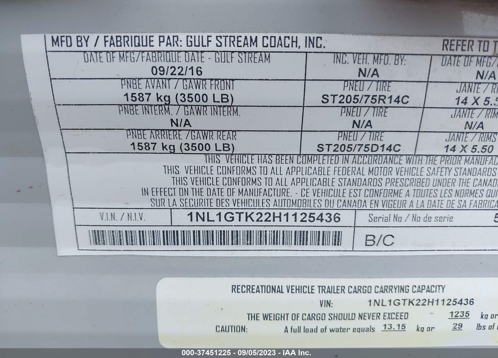 2017 GULFSTREAM AMERILITE VIN: 1NL1GTK22H1125436