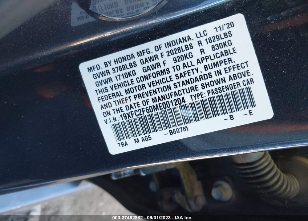 2021 HONDA CIVIC LX VIN: 19XFC2F60ME001204