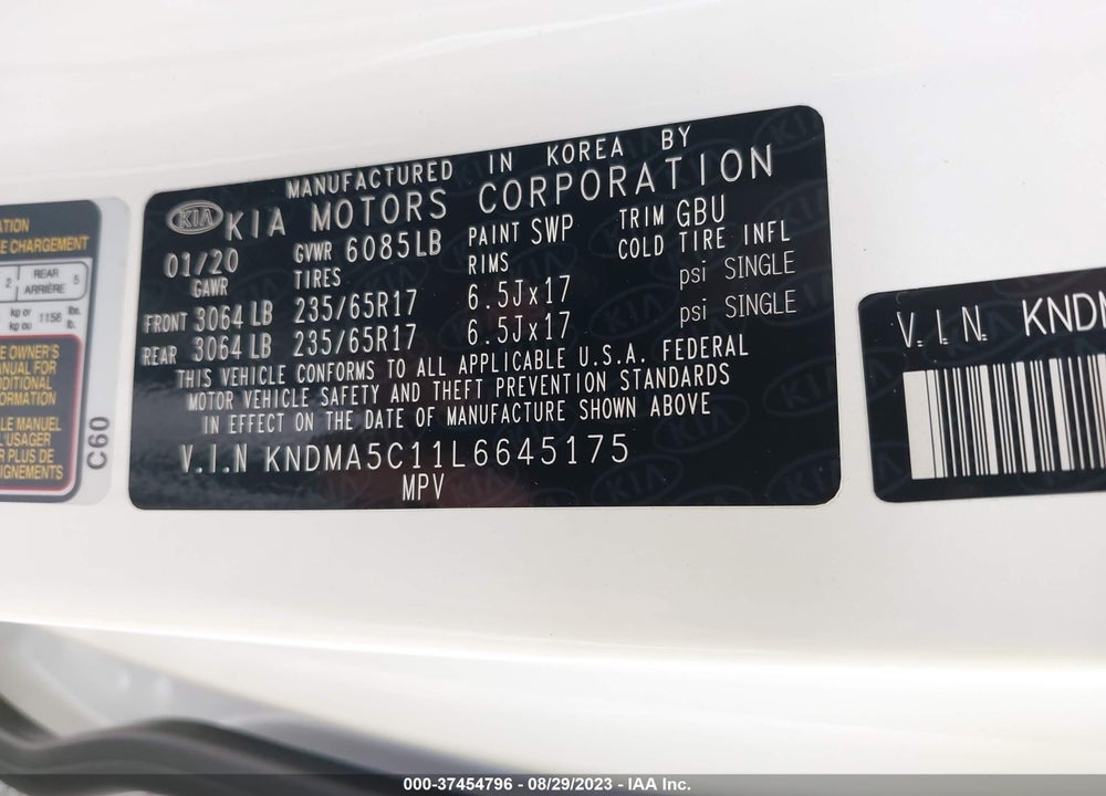 2020 KIA SEDONA L VIN: KNDMA5C11L6645175
