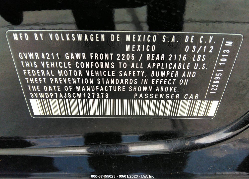 2012 VOLKSWAGEN JETTA 2.5L SE VIN: 3VWDP7AJ8CM127378