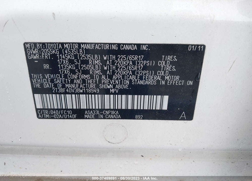 2011 TOYOTA RAV4 VIN: 2T3BF4DV3BW118949