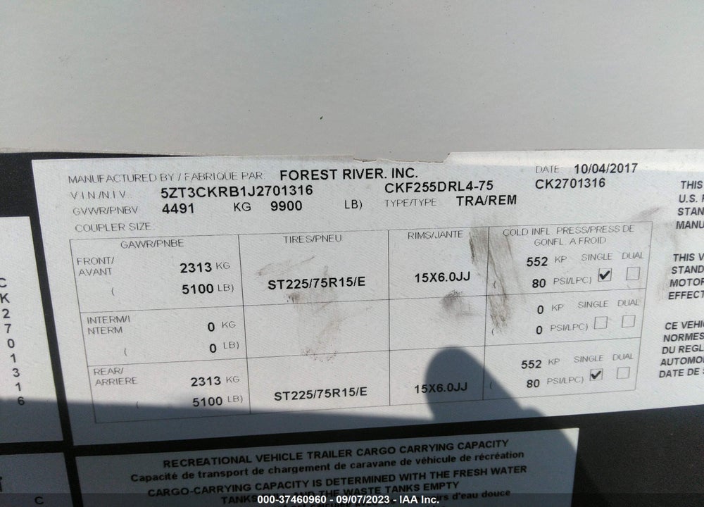 2018 FOREST RIVER ARCTIC WOLF VIN: 5ZT3CKRB1J2701316