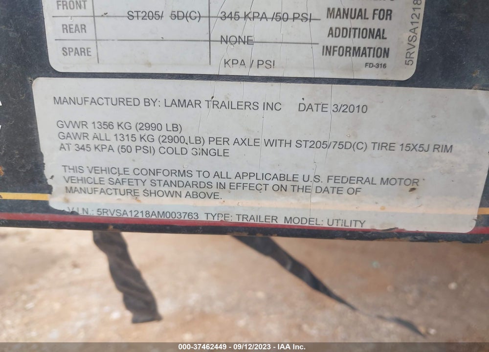 2010 UTIL LAMCO MFG & VIN: 5RVSA1218AM003763