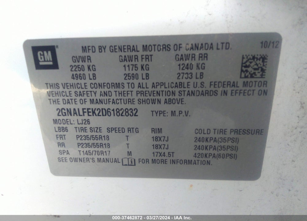 2013 CHEVROLET EQUINOX LTZ VIN: 2GNALFEK2D6182832