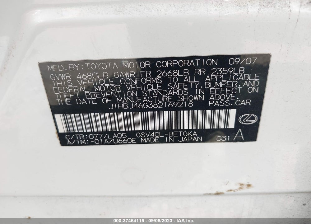 2008 LEXUS ES 350 VIN: JTHBJ46G382169218