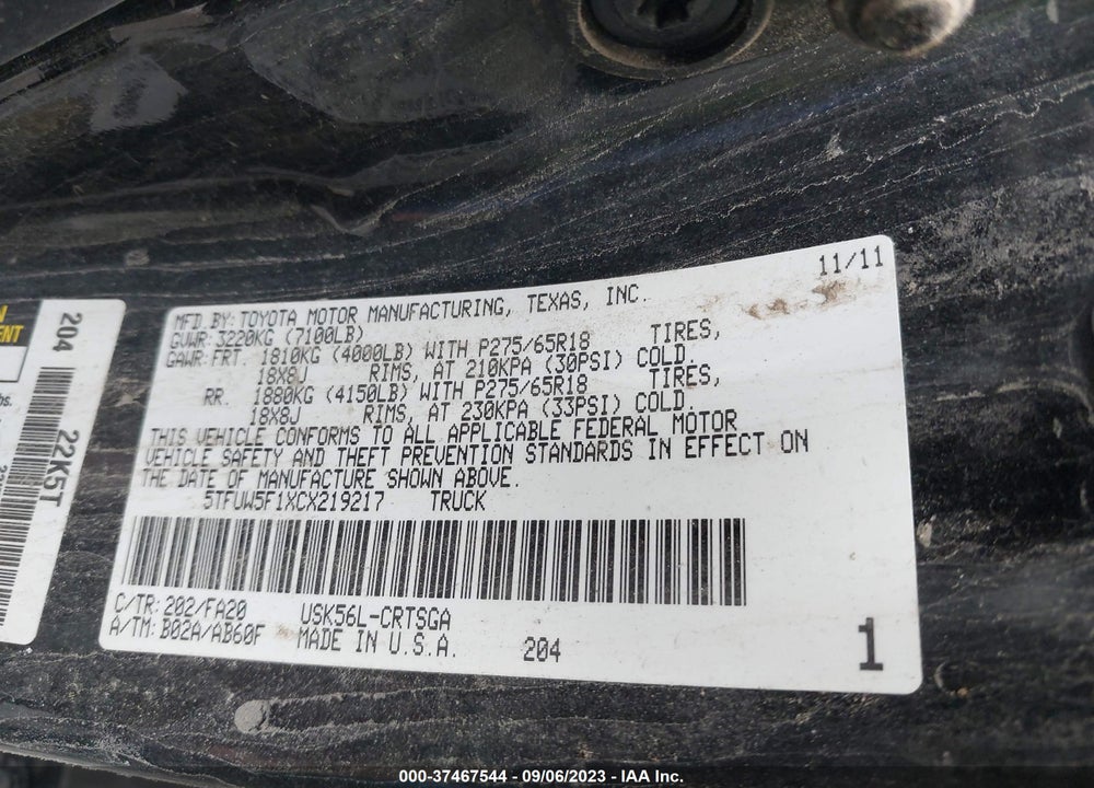 2012 TOYOTA TUNDRA GRADE 5.7L V8 VIN: 5TFUW5F1XCX219217