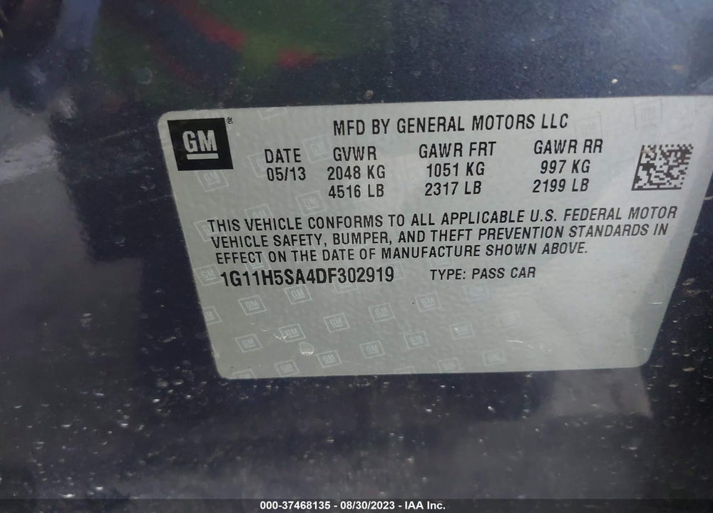 2013 CHEVROLET MALIBU 1LZ VIN: 1G11H5SA4DF302919