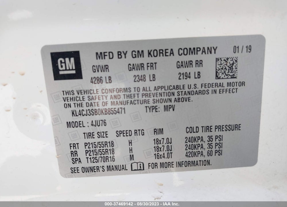 2019 BUICK ENCORE FWD ENCORE 1SV VIN: KL4CJ3SB0KB855471