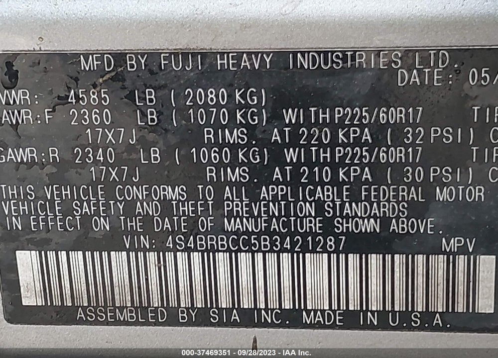 2011 SUBARU OUTBACK 2.5I PREMIUM VIN: 4S4BRBCC5B3421287