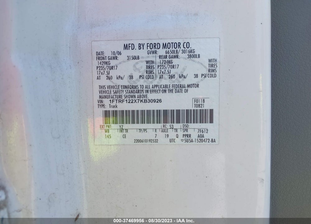 2007 FORD F-150 XLT/STX/XL VIN: 1FTRF122X7KB30926