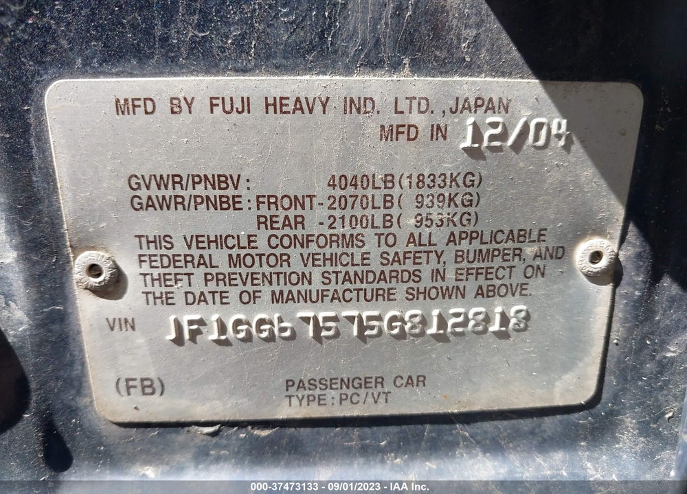 2005 SUBARU IMPREZA 2.5RS VIN: JF1GG67575G812818