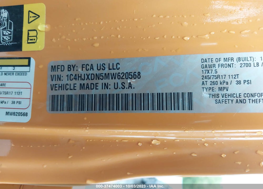 2021 JEEP WRANGLER UNLIMITED SPORT S 4X4 VIN: 1C4HJXDN5MW620568