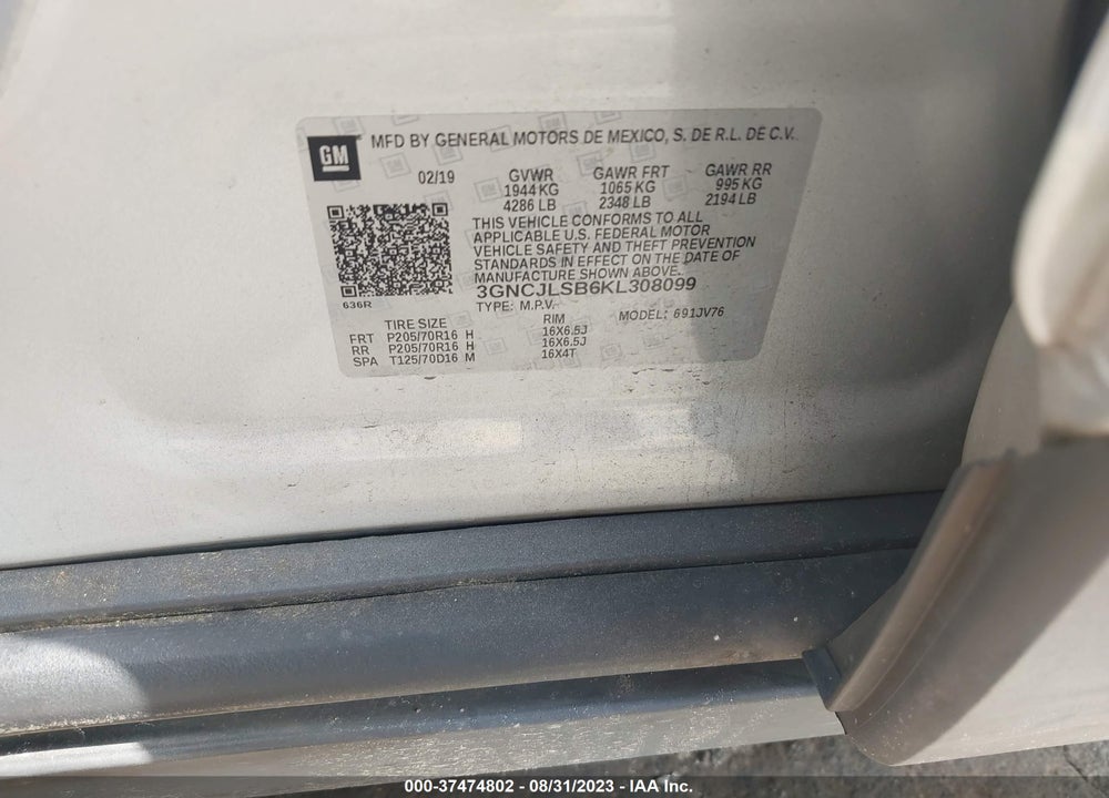 2019 CHEVROLET TRAX LT VIN: 3GNCJLSB6KL308099