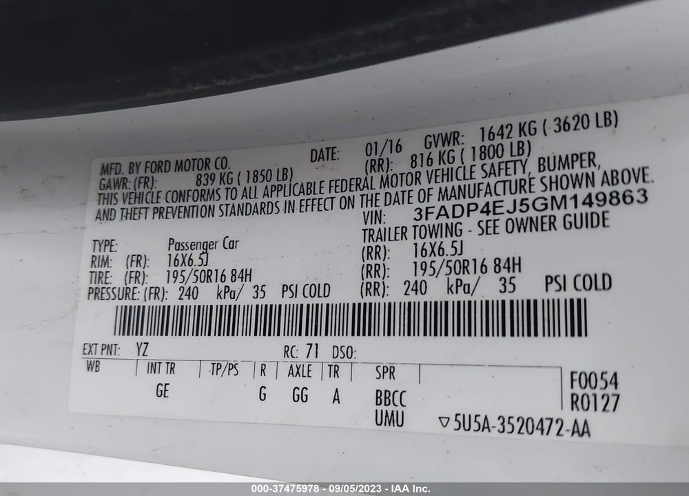 2016 FORD FIESTA SE VIN: 3FADP4EJ5GM149863