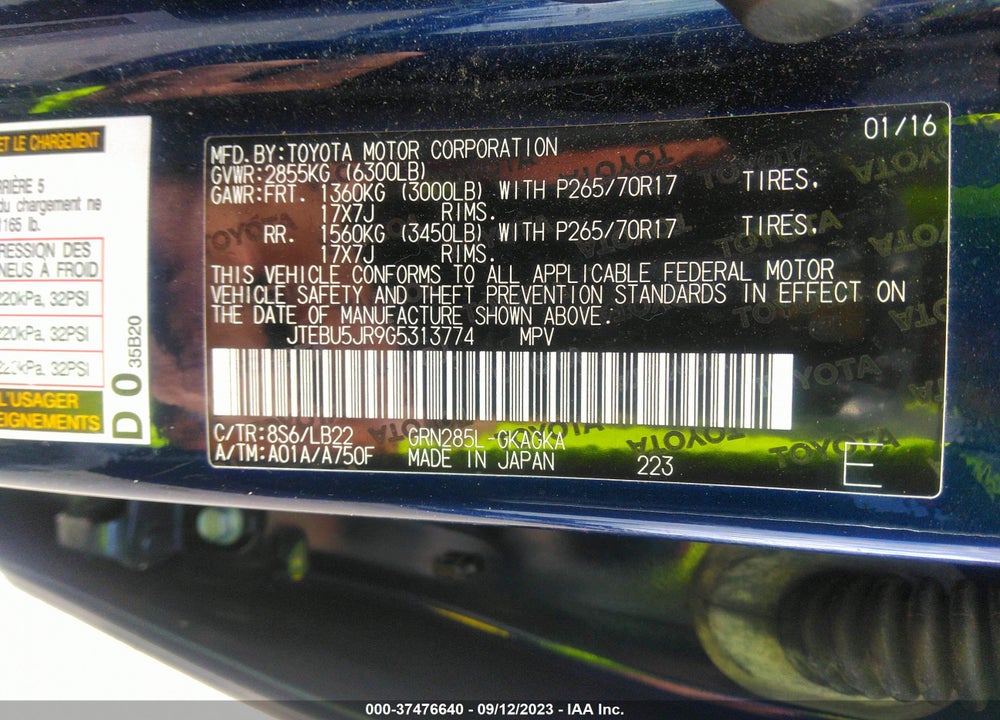 2016 TOYOTA 4RUNNER SR5 PREMIUM VIN: JTEBU5JR9G5313774