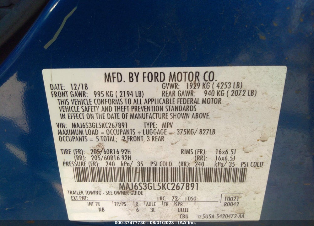 2019 FORD ECOSPORT SE VIN: MAJ6S3GL5KC267891