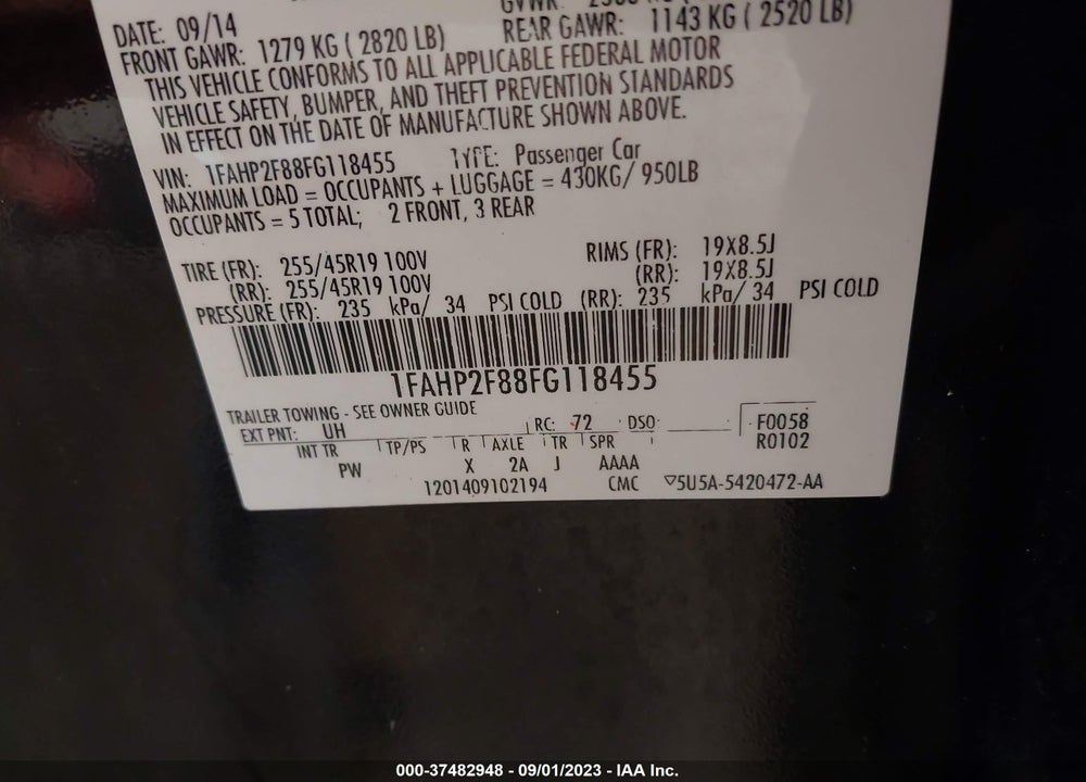2015 FORD TAURUS LIMITED VIN: 1FAHP2F88FG118455