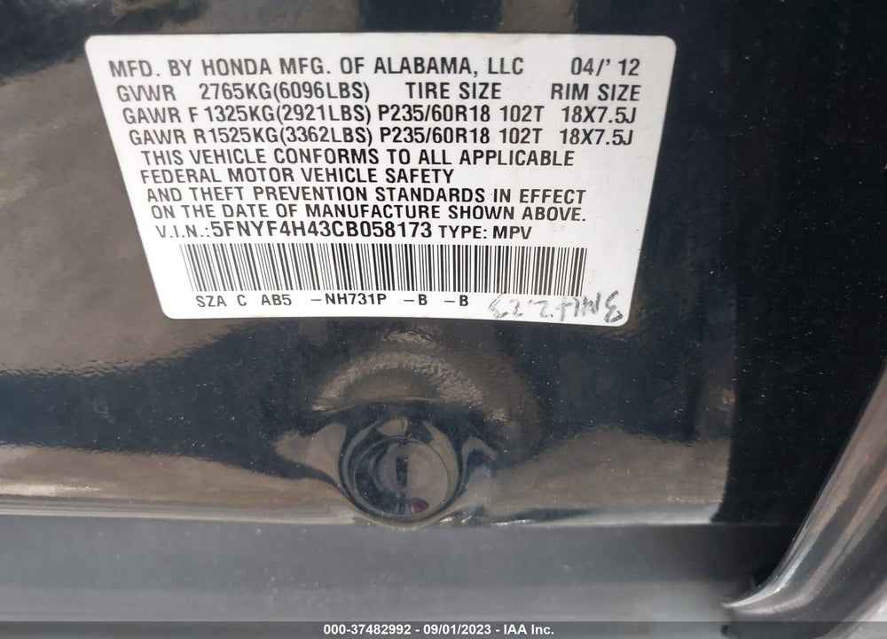 2012 HONDA PILOT EX VIN: 5FNYF4H43CB058173