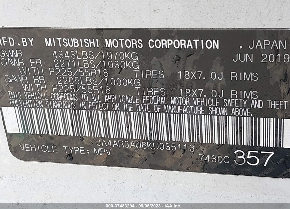 2019 MITSUBISHI OUTLANDER SPORT VIN: JA4AR3AU6KU035113