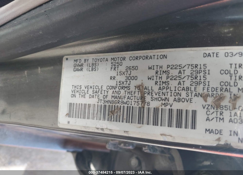 1998 TOYOTA 4RUNNER SR5 V6 VIN: JT3HN86R8W0175778