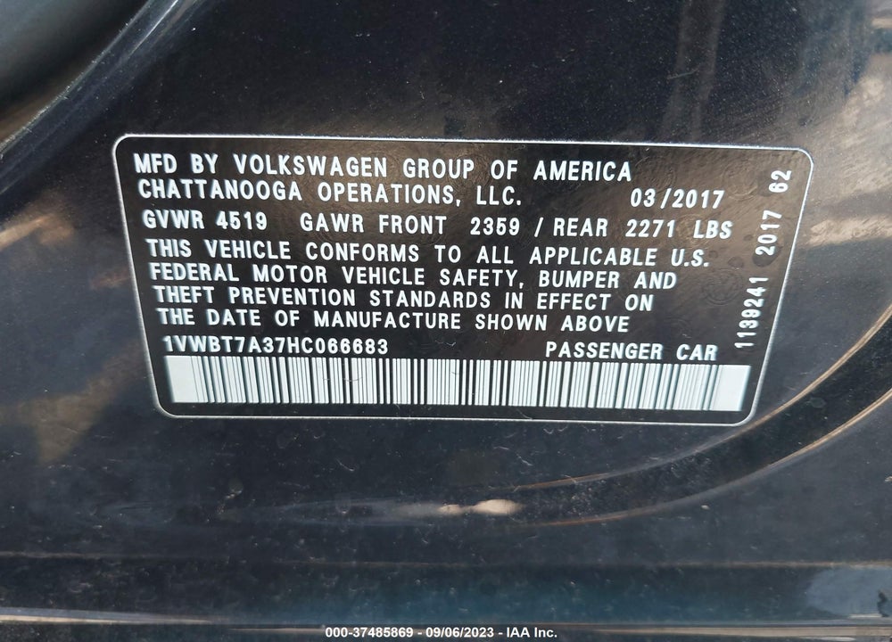 2017 VOLKSWAGEN PASSAT 1.8T SE VIN: 1VWBT7A37HC066683