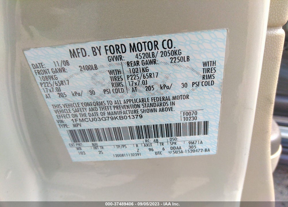 2009 FORD ESCAPE VIN: 1FMCU03G79KB01379